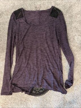Vanity Purple Long Sleeve Scoop Neck Top with Black Lace Shoulders